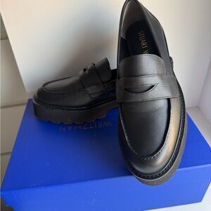 Stuart Weitzman Black Leather Penny Loafers